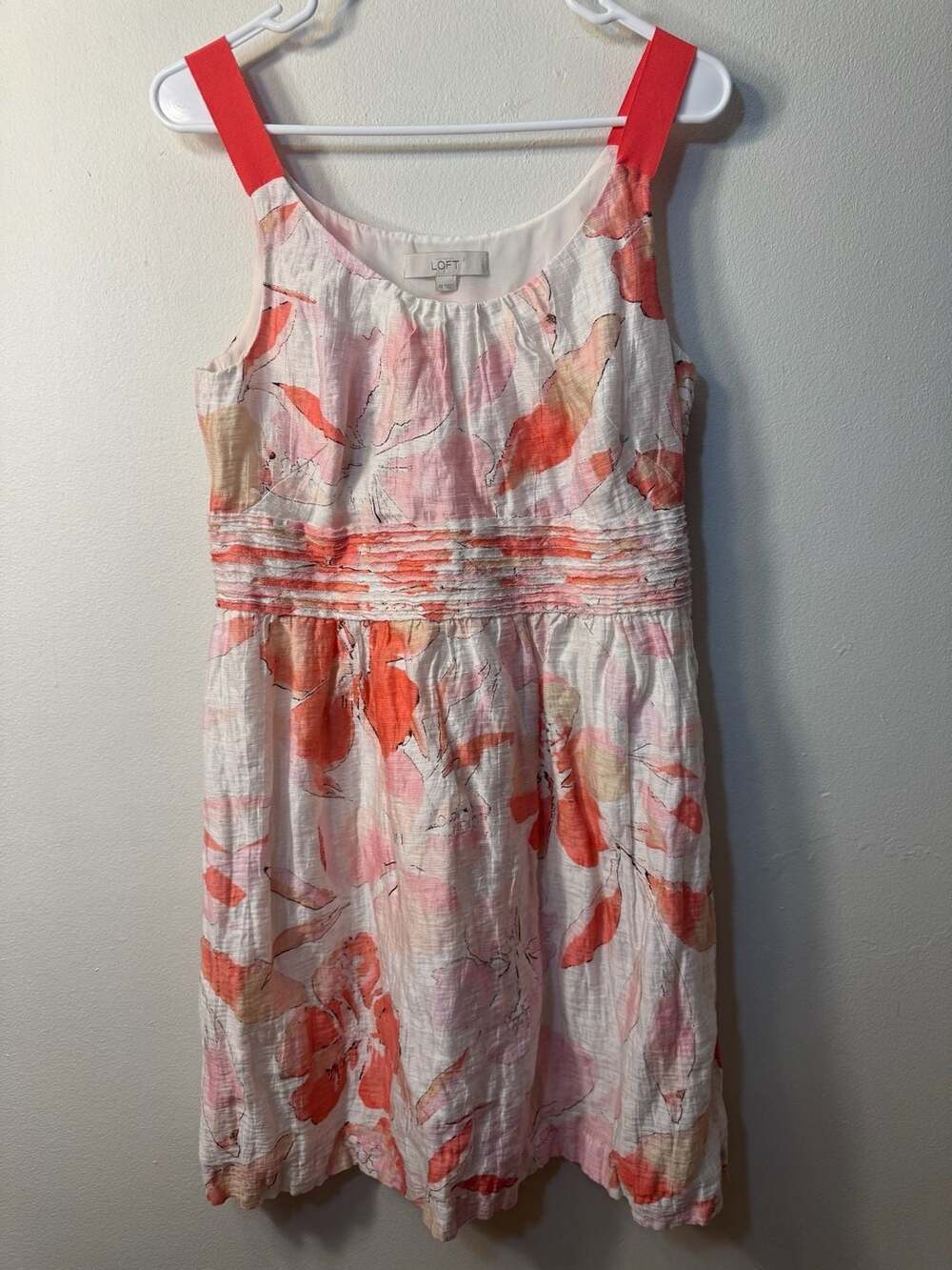 LOFT Pink and Orange Floral Watercolor Linen Blend Sleeveless Dress Size 10 - Picture 2 of 6